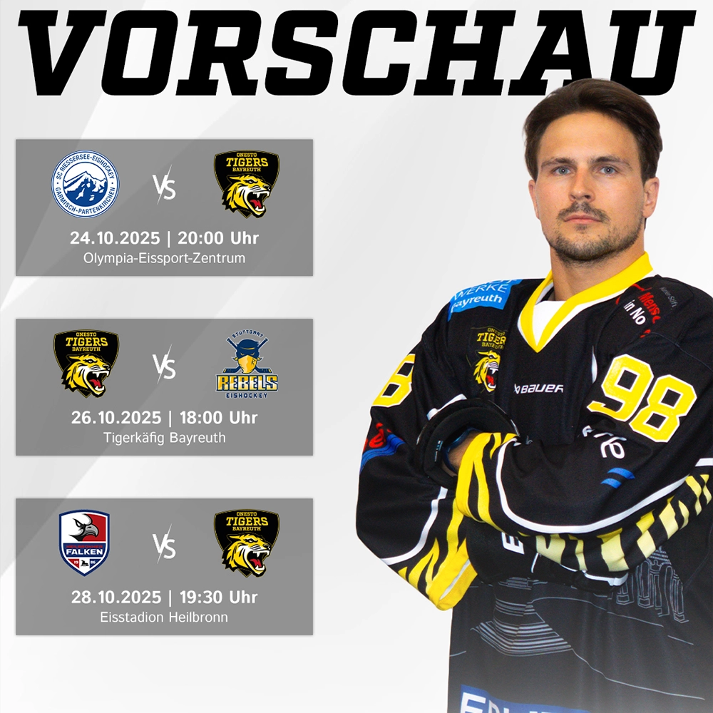 Vorberichtsgrafik für die Spiele der onesto Tigers gegen Riessersee, Stuttgart und Heilbronn