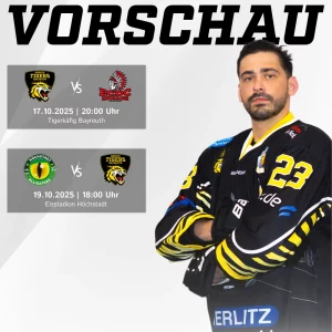 Vorberichtsgrafik für die Spiele der onesto Tigers gegen Memmingen und Höchstadt am Wochenende