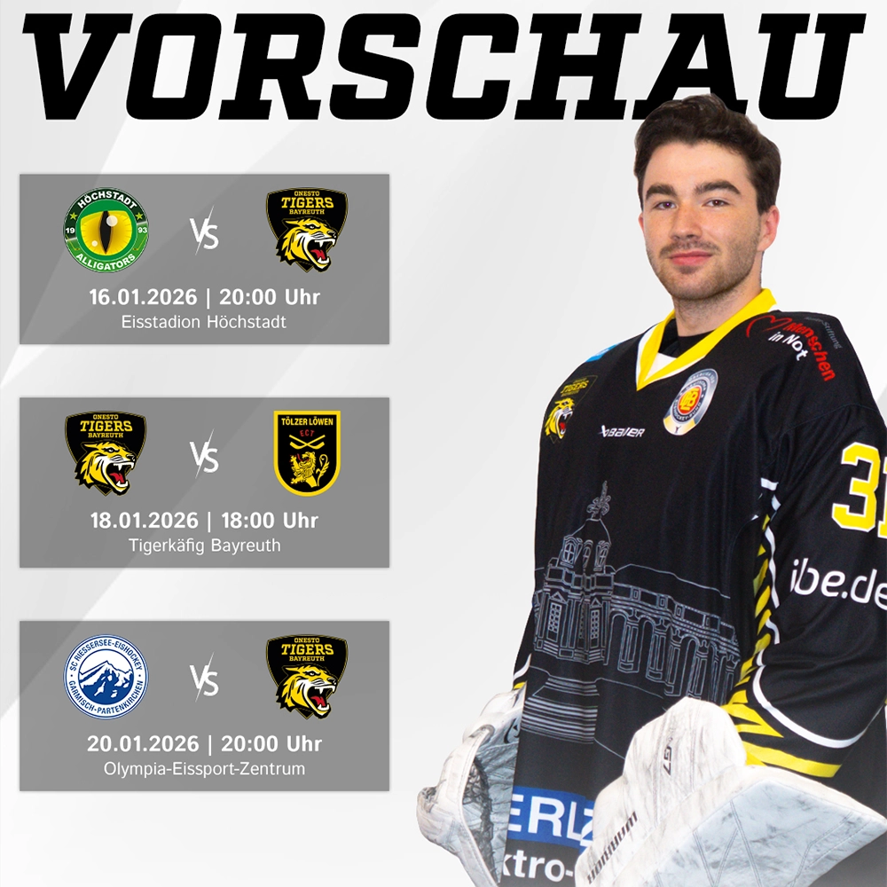 Vorberichtsgrafik für die Spiele der onesto Tigers gegen Höchstadt und Bad Tölz am Wochenende sowie Garmisch