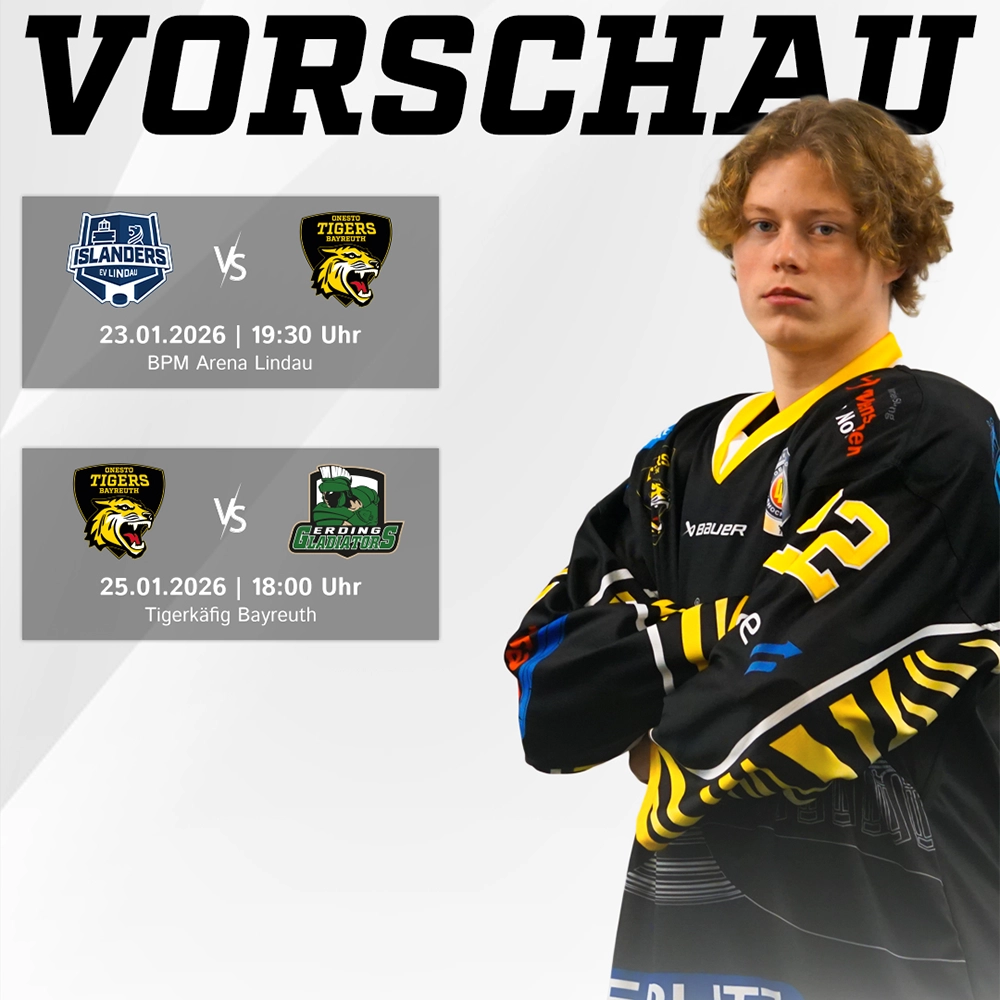 Vorberichtsgrafik für die Spiele der onesto Tigers gegen Lindau und Erding am Wochenende