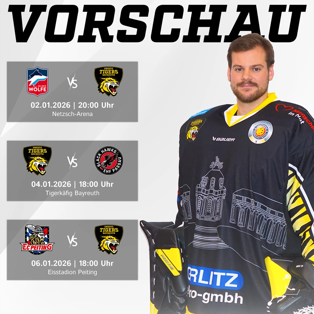 Vorberichtsgrafik für die Spiele der onesto Tigers gegen Selb und Passau am Wochenende sowie Peiting