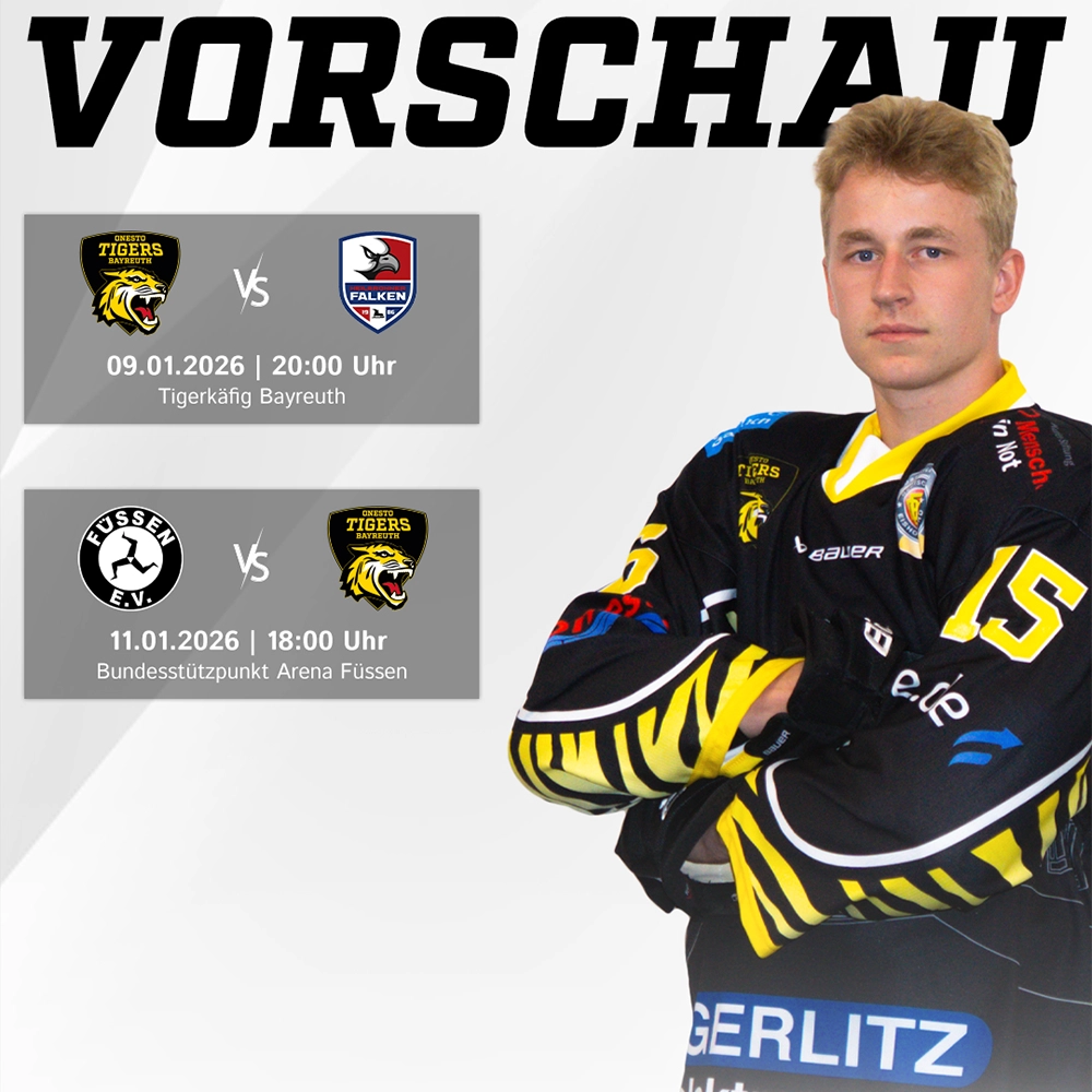 Vorberichtsgrafik für die Spiele der onesto Tigers gegen Heilbronn und Füssen am Wochenende