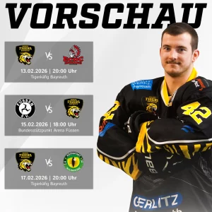 Vorberichtsgrafik für die Spiele der onesto Tigers gegen Memmingen und Füssen am Wochenende sowie Höchstadt am Dienstag