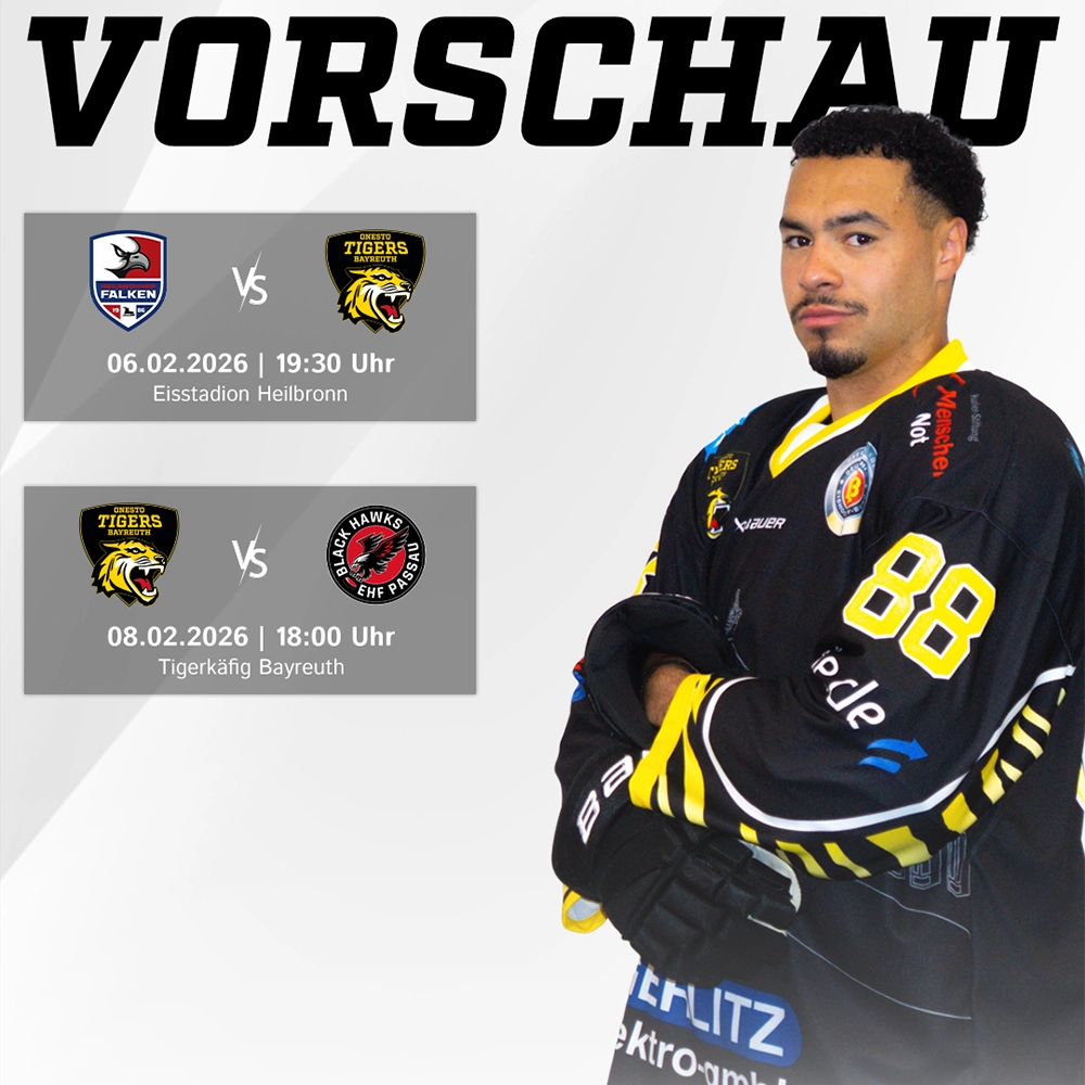 Vorberichtsgrafik für die Spiele der onesto Tigers gegen Heilbronn und Passau am Wochenende